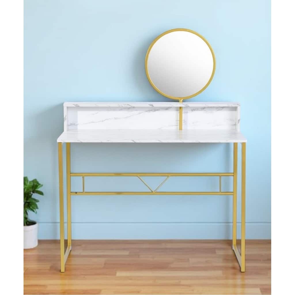 HomeRoots 41" White And Gold Faux Marble and Steel Vanity Table with Mirror