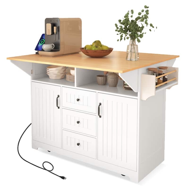 55.7''Kitchen Island,2 Drop Leaf,Rolling Kitchen Cart on 5 Wheels,Power Outlet,Folding Dining Table,Spice & Towel Rack,3 Drawers