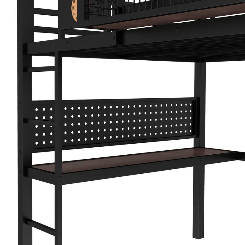 Queen Size Loft Bed Frame with desk, storage basket,Metal Loft Bed with clock,and charging port,black