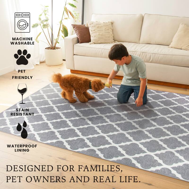 My Magic Carpet Machine Washable Area Rug Moroccan Trellis Grey