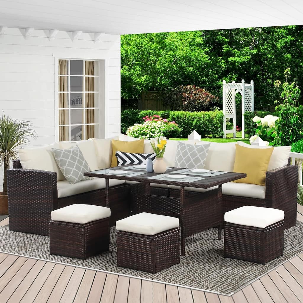 7 Piece Outdoor Dining Sectional Sofa with Dining Table and Chair