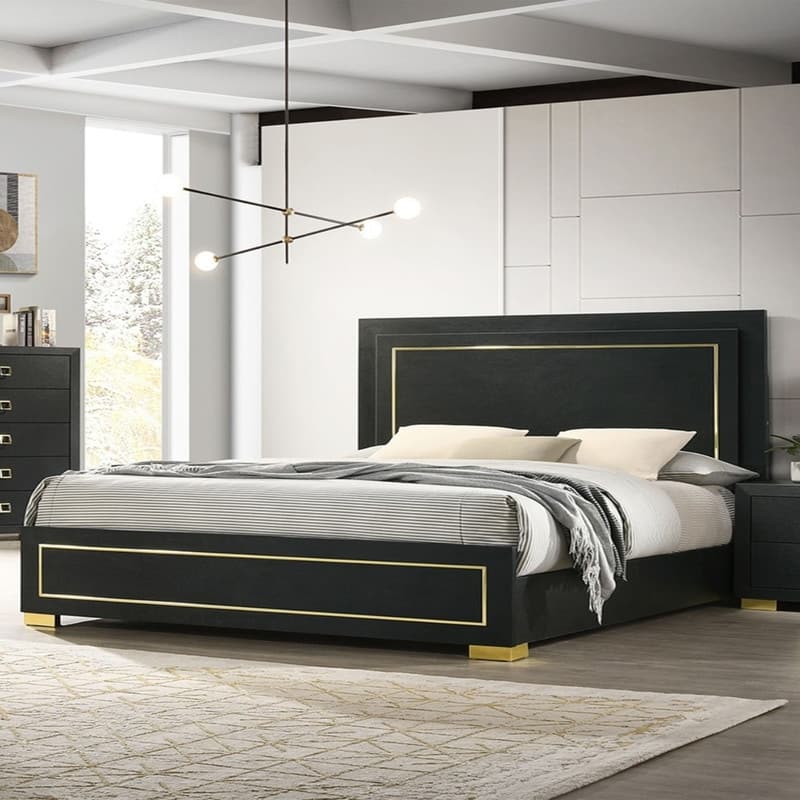 3-Piece Bedroom Sets Queen Size Platform Bed w Nightstands Antique Walnut/Rustic Gray/Black Gold