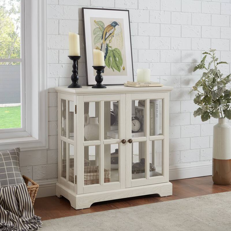 Retro Display Cabinet with Lattice Doors, Adjustable Shelve and LED Lights