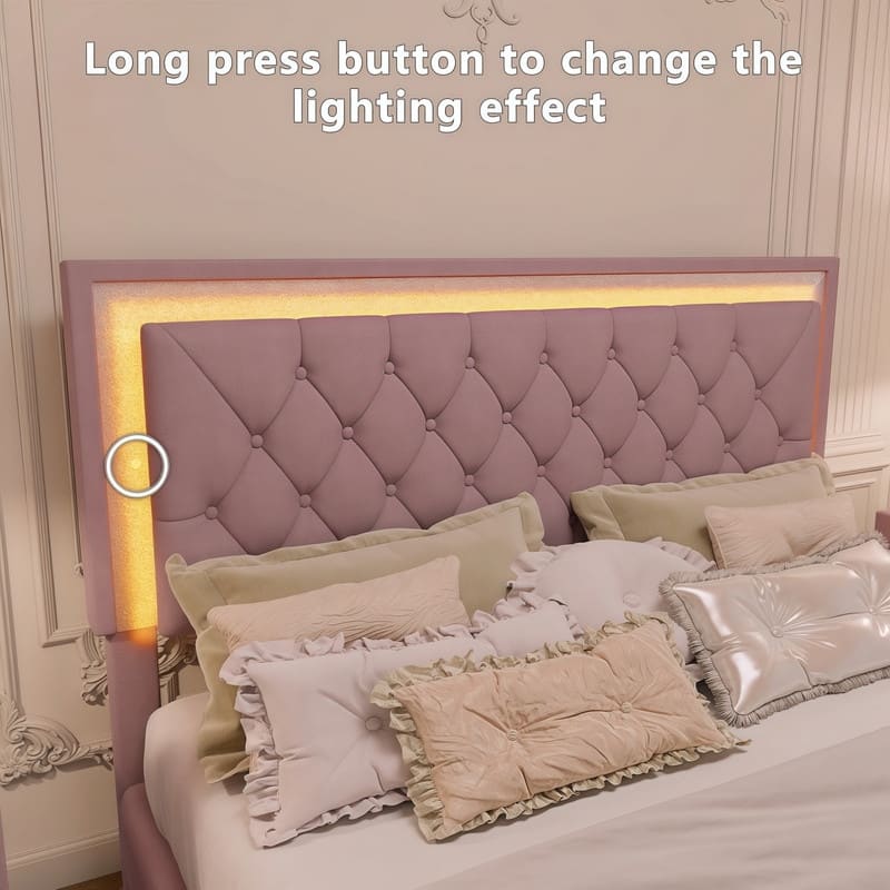 Full Size Velvet Upholstered Platform Bed with LED Lights, Tufted Headboard