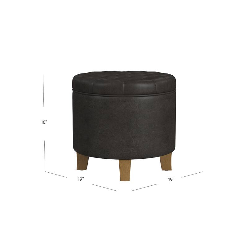 Wes Round Storage Ottoman, Black Faux Leather, Hardwood, 19 Inch