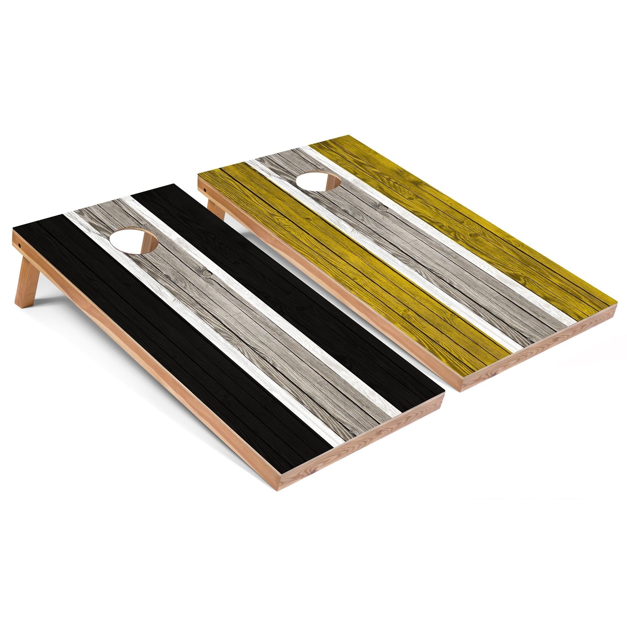 Solid Wood Cornhole Boards - Black and Yellow Stripes Design