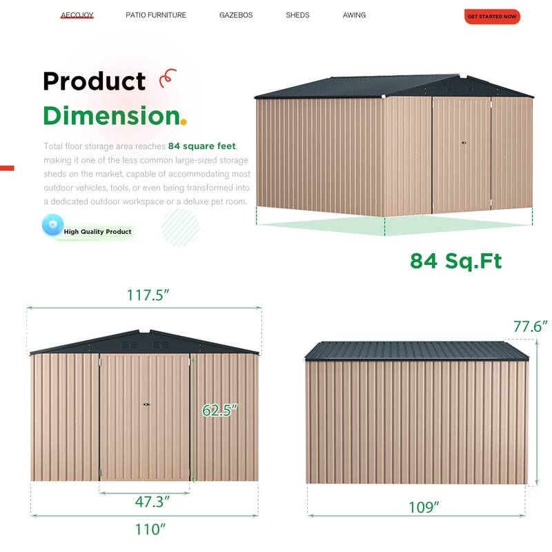 AECOJOY Outdoor Extra Large Storage Metal Shed with Lockable Doors