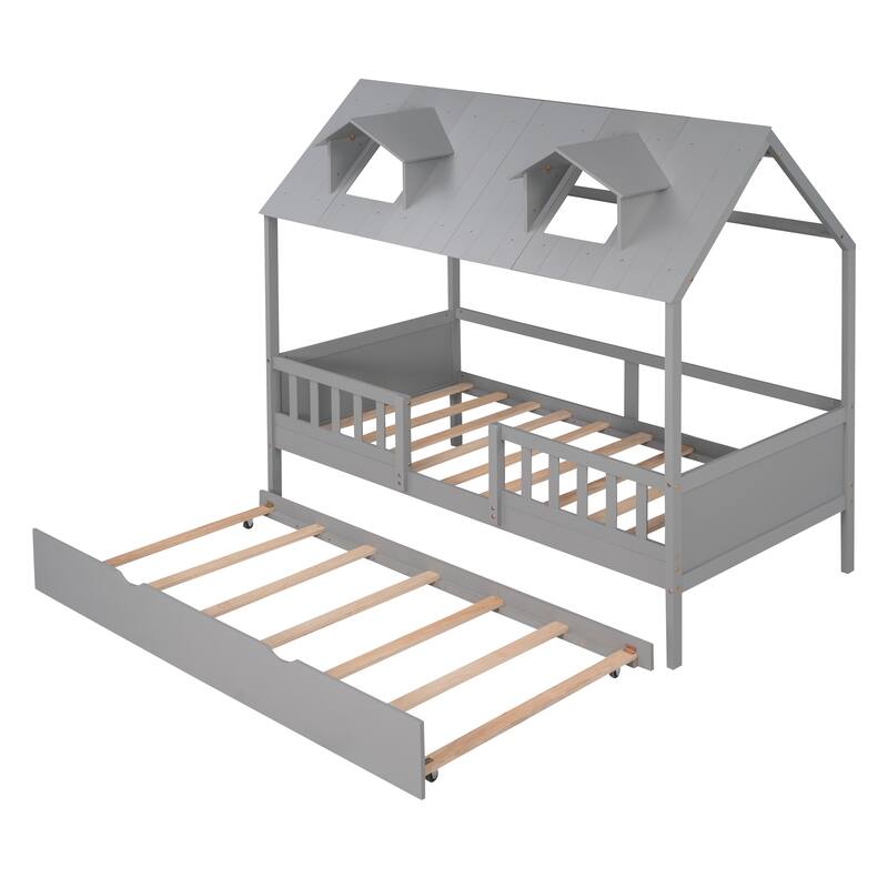Twin Size House Bed with Trundle, Wooden Platform Bed Frame with Roof