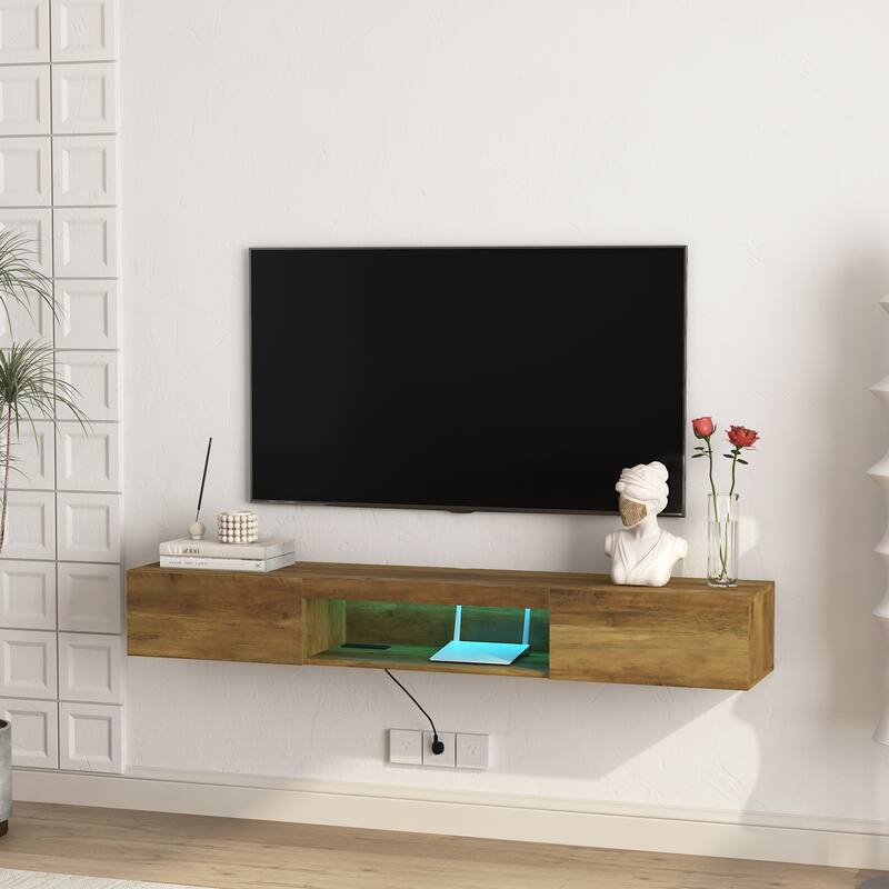 63" Floating TV Stand with Storage, LED Lights & Power Outlet for TVs Up to 60"