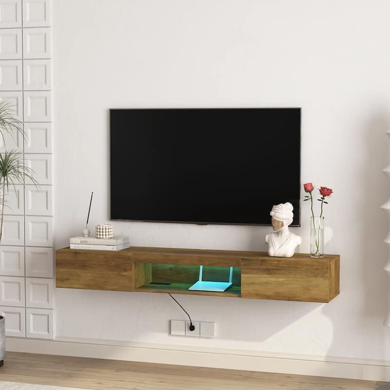 Floating TV Stand,Wall Mounted TV Shelf with LED lights & Power Outlet,Wall Mounted Floating 65" TV Stand with 16 Color LEDs