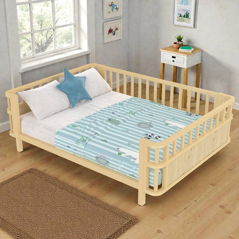 Kids Metal and Wood Platform Bed with Safety Rails, Low Profile Twin Full Children Bed for Boys and Girls