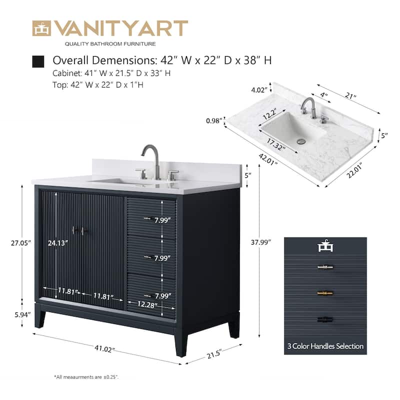 Vanity Art 42" Freestanding Bathroom Vanity with Engineered Marble Top and Sink