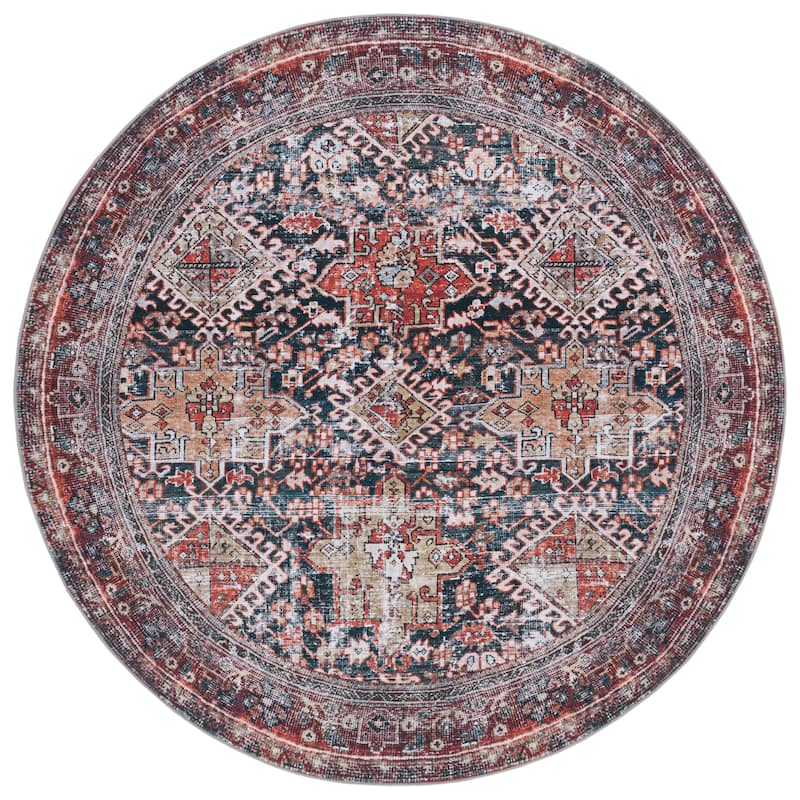 SAFAVIEH Tucson Machine Washable Slip Resistant Eldora Traditional Rug - 6' Round - Navy/Rust