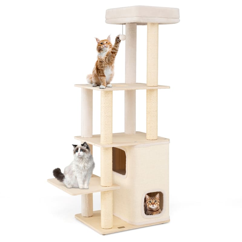 Gymax 63'' Tall Wooden Cat Tree w/2-Story Condo Plush Padded Top Perch - Brown