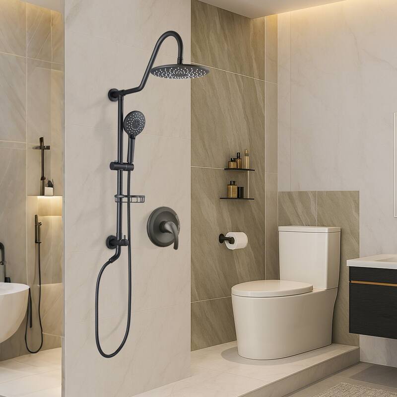 10-Inch Matte Black Shower System with Slide Bar, 3-Function Hand Shower&Soap Dish, Air Injection Rainfall Shower Combo​