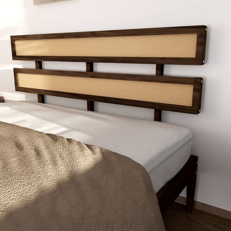 Solid Wood Full Bed Frame Platform Bedframe with Rattan Headboard
