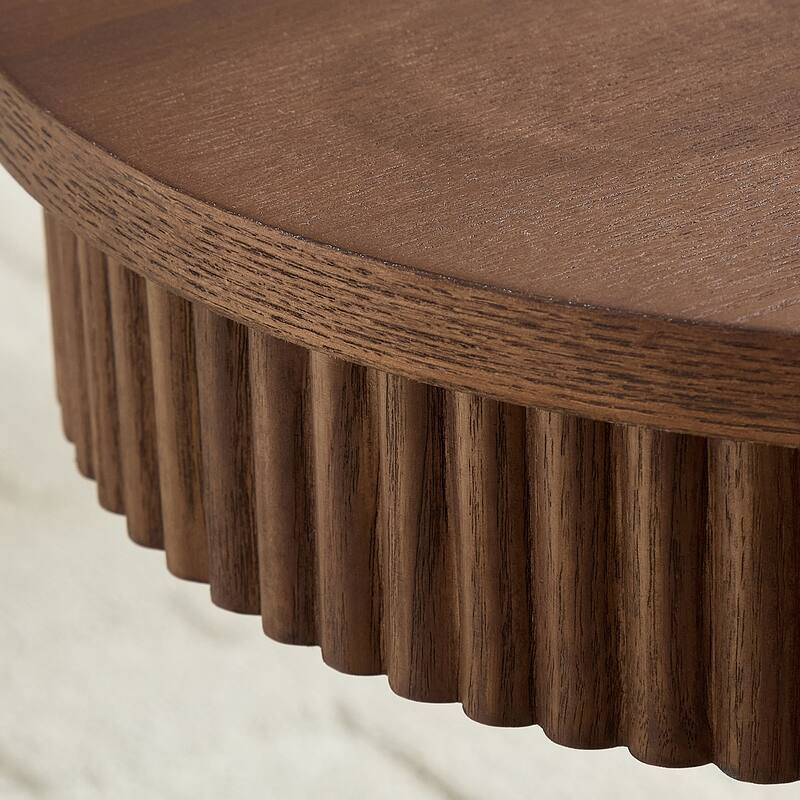 Ellipse Drum Accent Table Modern Oval Handcraft Coffee Table with Fluted Design and Sturdy Pedestal for Living Room
