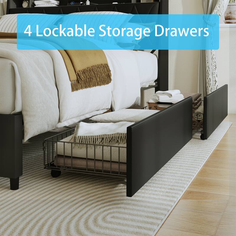 Queen Bed Frame with Ergonomic Headboard, Built-in Outlets & Charger, LED Light & Storage Shelf, Noise-Free Metal Platform Bed