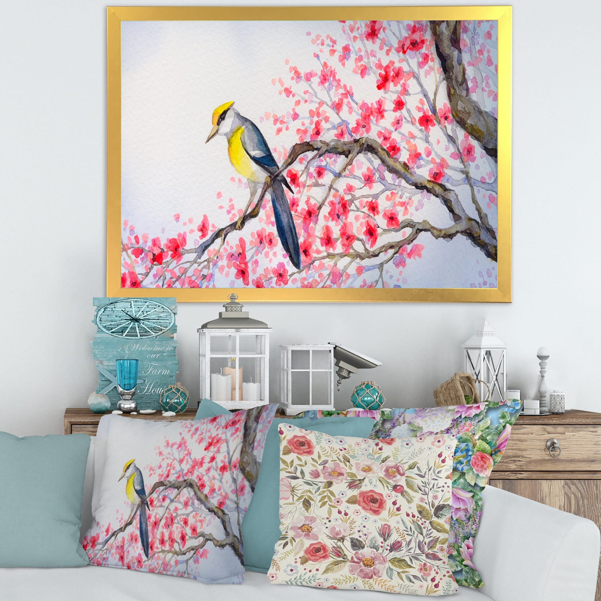 Designart 'Beautiful Red Bird on Flowering Branch II' Traditional Framed Art Print