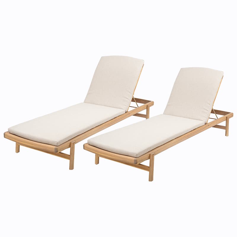 Roomfitters Mallorca Outdoor Acacia Wood Chaise Lounge with Water Repellent Cushion, Teak Finish Set of 2 - Teak+ Beige