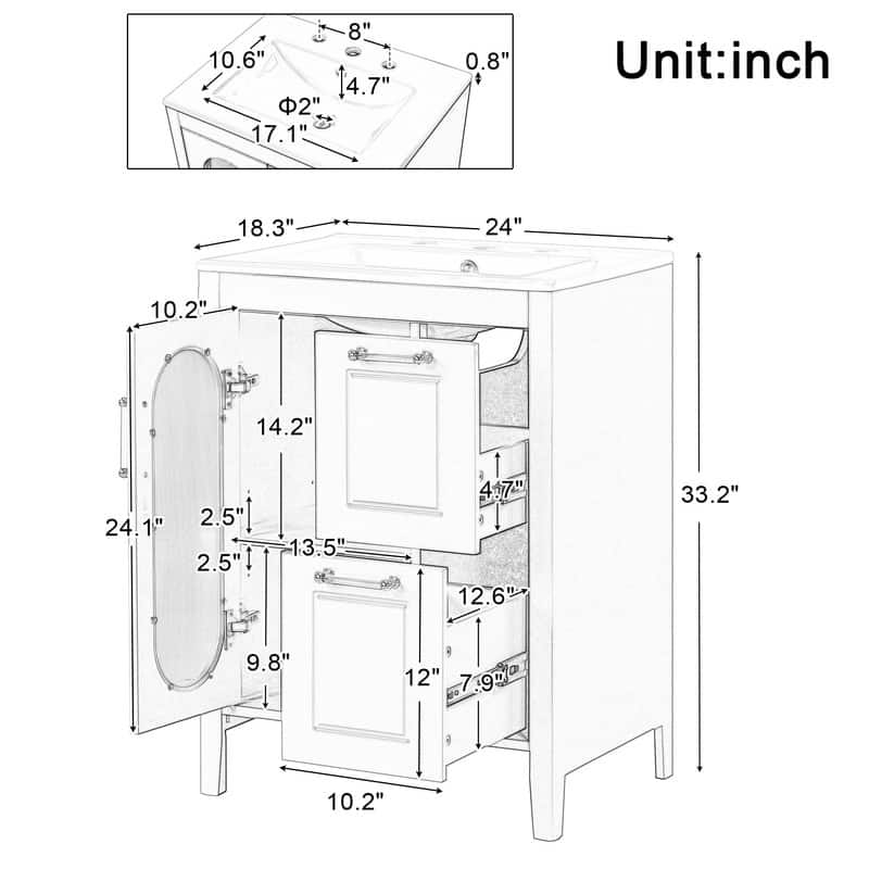 24" Bathroom Vanity with Sink, Bathroom Vanity Cabinet with Two Drawers and Door, Adjustable Shelf, Solid Wood and MDF