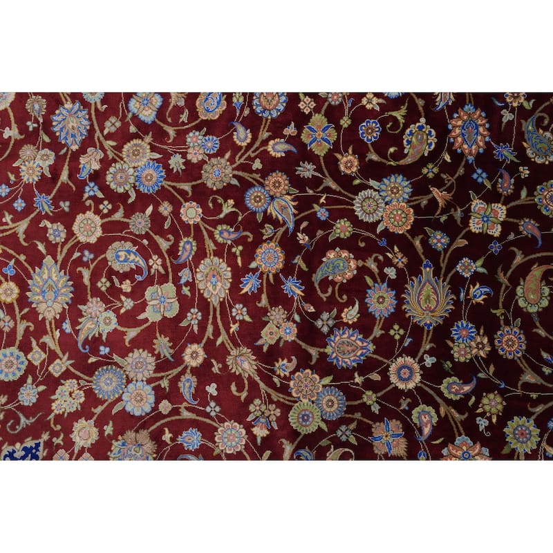 Hand Knotted Oriental 100% Silk Carpet Traditional Floral Red Qum Area Rug - 13' 2'' X 9' 7''