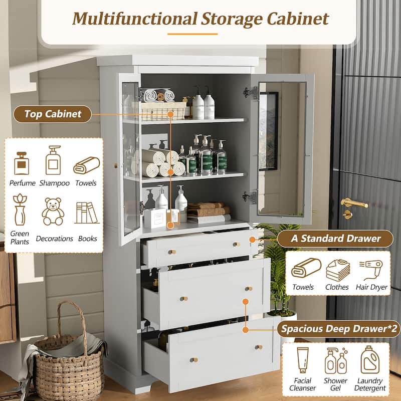 70.1" Modern Bathroom Cabinet with 3 Drawers & Glass Doors - Tall Storage with 2 Adjustable Shelves and Soft Close Mechanism