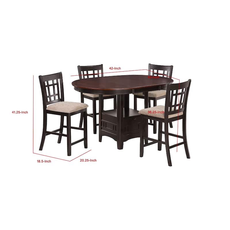 Lessa 5pc Counter Height Dining Set, Brown, 4 Chairs, Expandable Leaf Tabletop