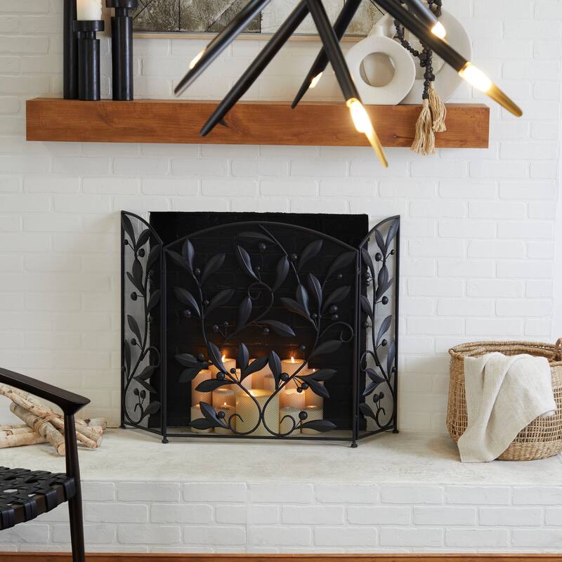 Black Metal Foldable 3 Panel Scroll Fireplace Screen with Leaf and Vine Relief - Black