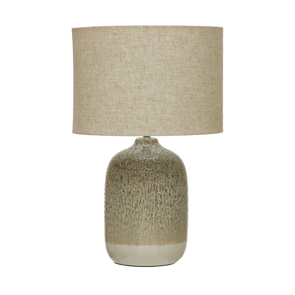 Stoneware Table Lamp with Linen Shade & Inline Switch, Reactive Glaze, Taupe Color