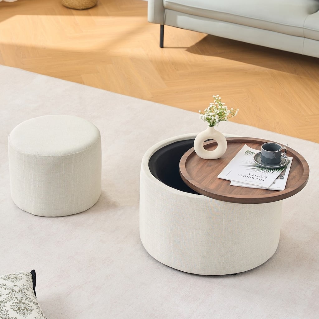 22.75" Linen Upholstered Round Nesting Storage Ottoman