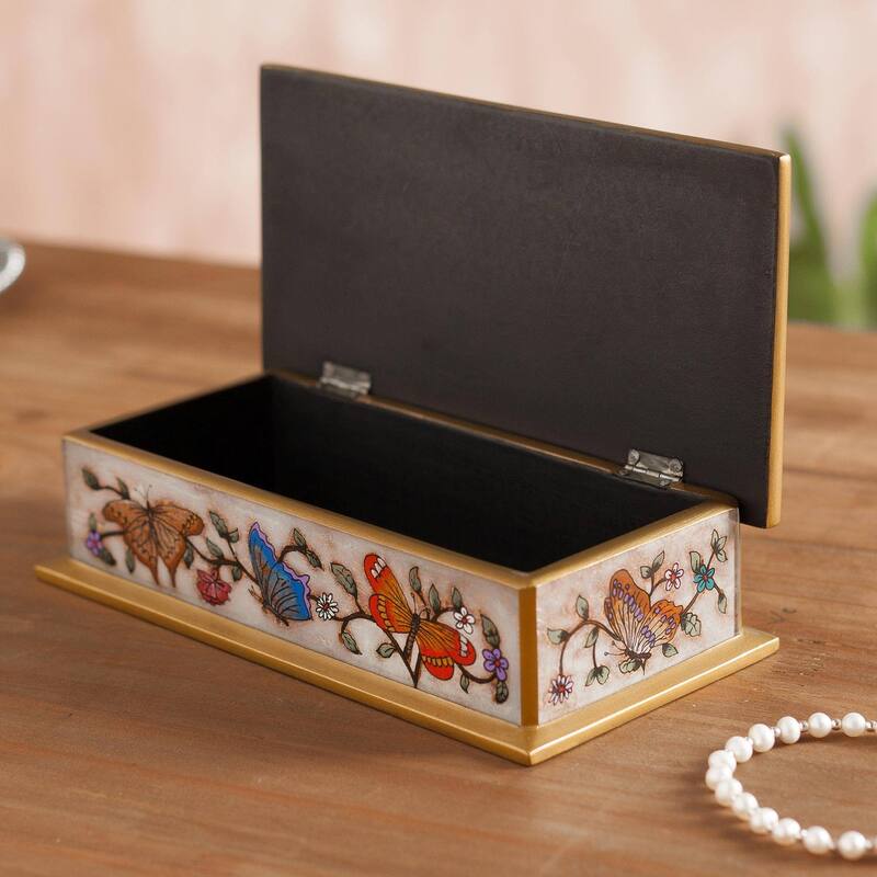 Handmade Butterfly Jubilee In Bone Reverse Painted Glass Decorative Box (Peru) - 2" H x 7.75" W x 3.9" D