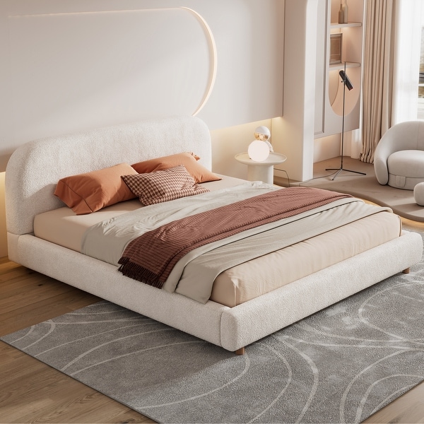 King Size Upholstered Bed Frame Boucle Fabric Platform Bed with Curve Shaped Design Headboard Easy Assembly White Bed Bath Beyond 41953811
