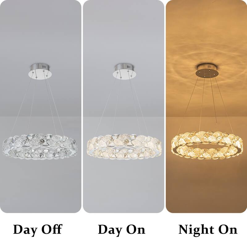 Ring Chrome LED Chandelier Textured Clear & Frosted Crystal Panels - Dia.19.69-in