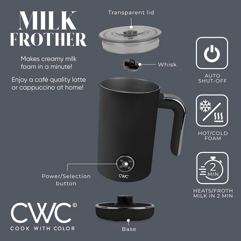 COOK WITH COLOR 4-in-1 Electric Milk Steamer and Frother - 2-Minute Heating and Frothing, Hot and Cold Foam Maker