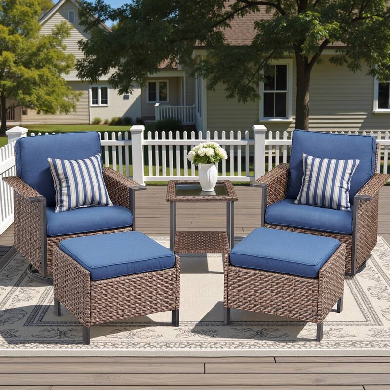 Pocassy Outdoor Wicker Sofa Glider Chair with Ottoman Set - Brown Wicker Blue Cushion - 5-Piece Swivel Chair Table with Ottoman