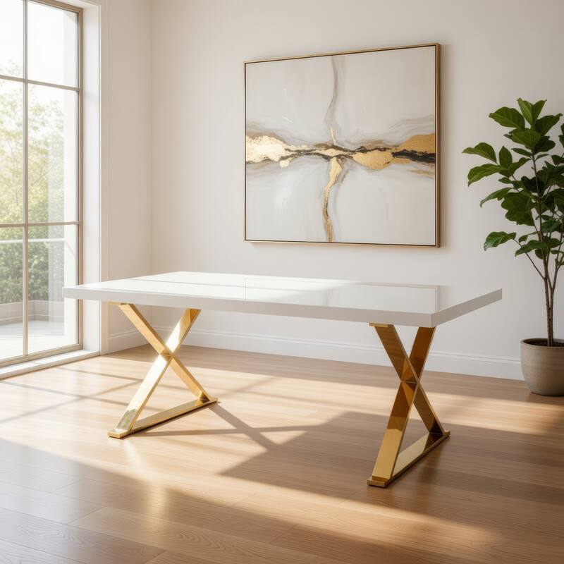 Rix 87 Inch Dining Table, Rectangular White Top, Gold Finished Metal Base