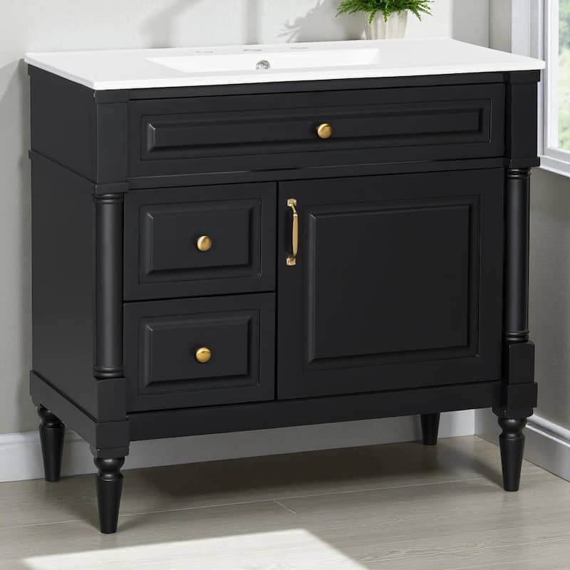 Modern 36-Inch Bathroom Vanity with Sink, Rubberwood and MDF Cabinet, Flip Drawer, Adjustable Shelf, and Storage Drawers - Black