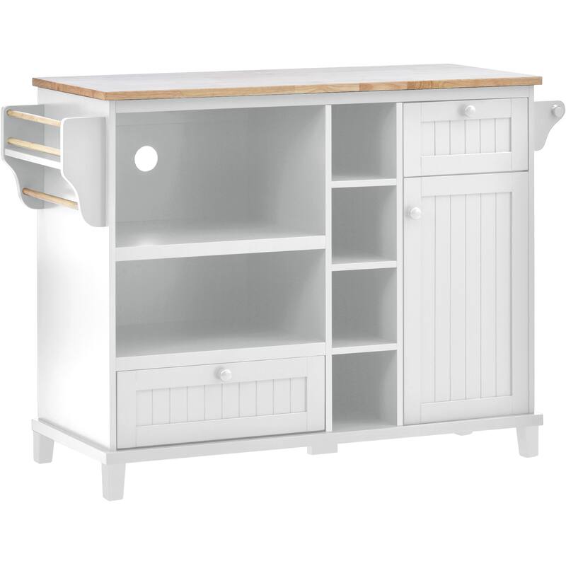 Kitchen Island with Solid Wood Desktop, Kitchen Island Cart on Locking Wheels, Rolling Island Cart with Cabinets & Drawers