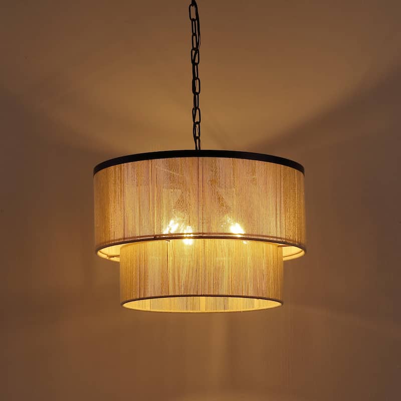 GetLedel 3-Light Coastal Boho Rope Drum Chandelier Hand-woven Ceiling Light