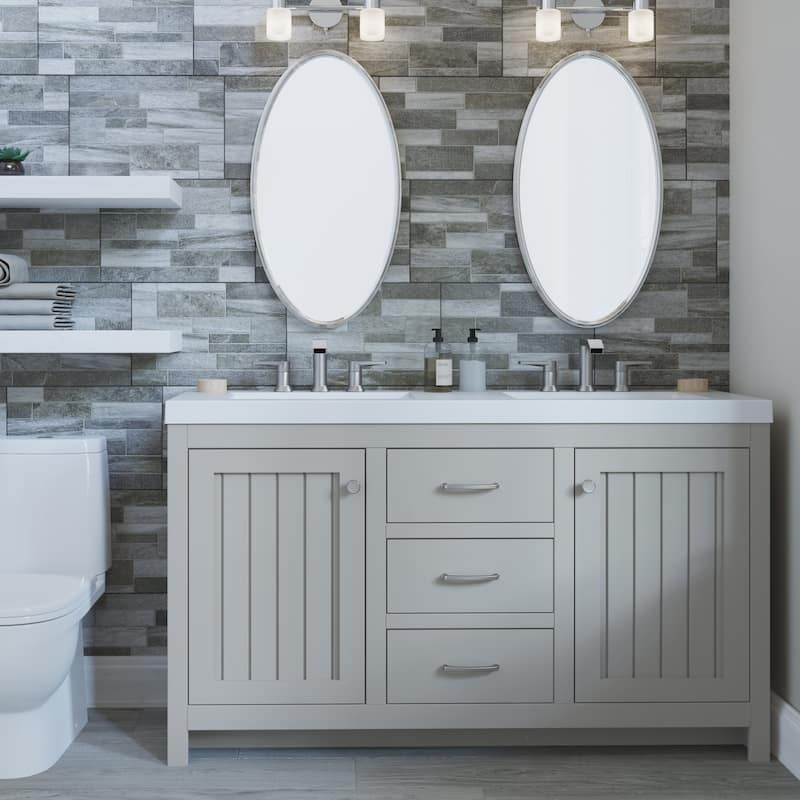 Chamiree 60" Double-Sink Vanity With 2 Cabinets, 3 Drawers, and White Sink Top - Light Gray