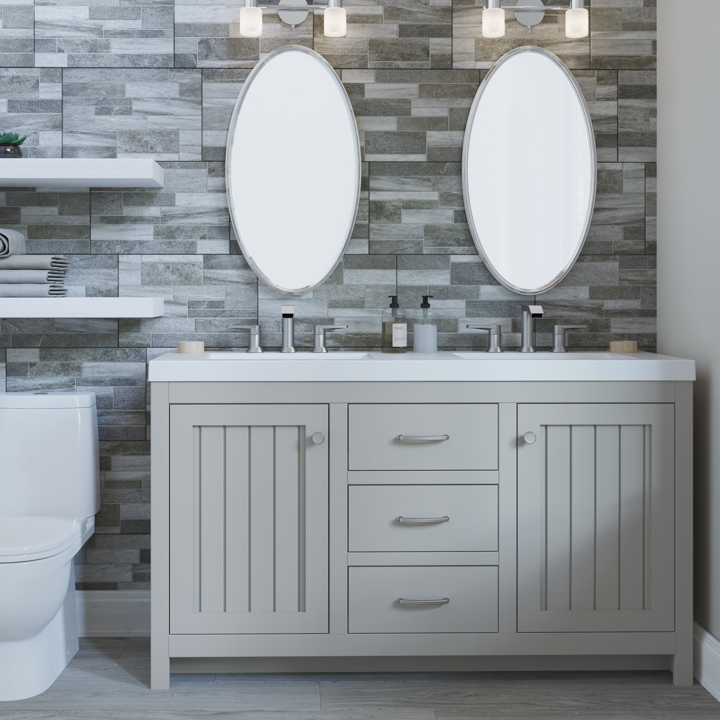 Chamiree 60" Double-Sink Vanity With 2 Cabinets, 3 Drawers, and White Sink Top