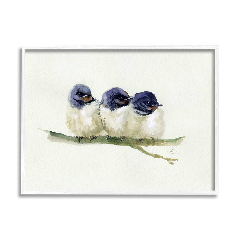 Stupell Trio of Baby Swallows Birds Perched on Branch Framed Wall Art - Blue - 11 x 14 - White