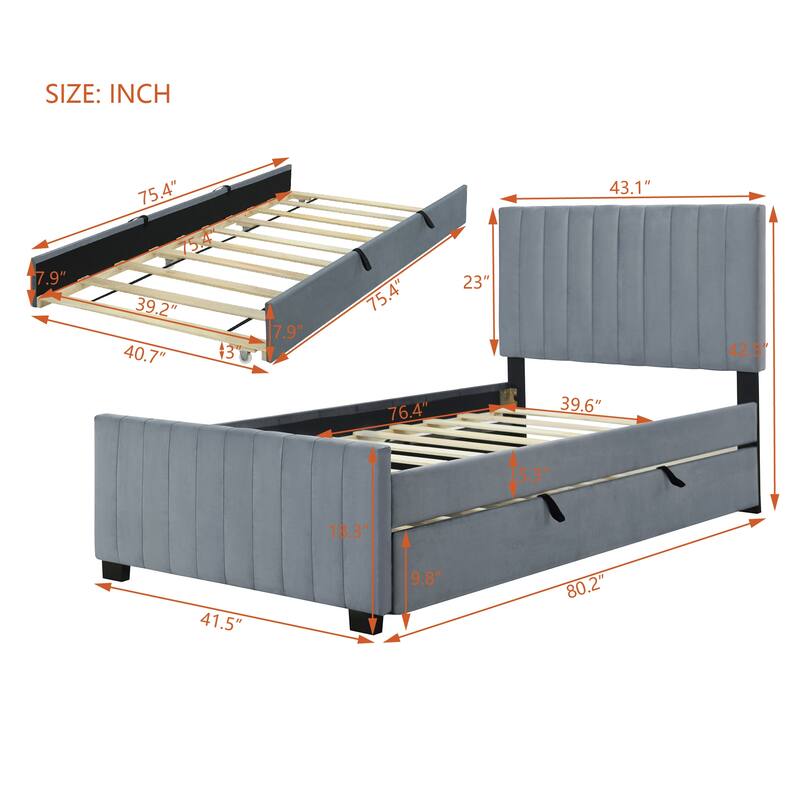 Twin Size Platform Bed Stylish Velvet Upholstered Bed Frame with Headboard and Footboard & Pull Out Twin Size Trundle, Grey