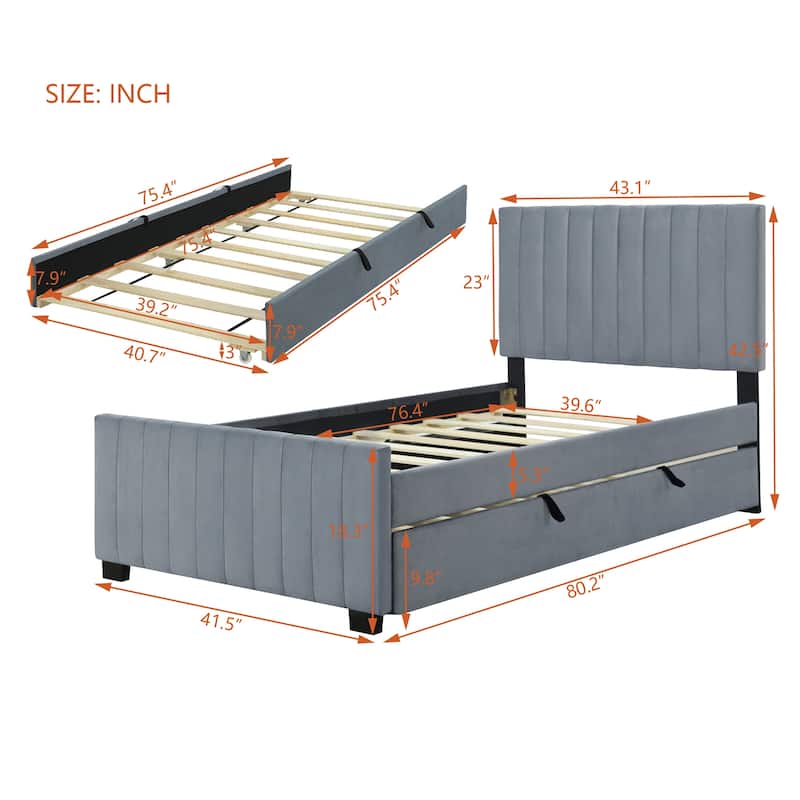 Twin Size Velvet Upholstered Platform Bed Frame with Trundle