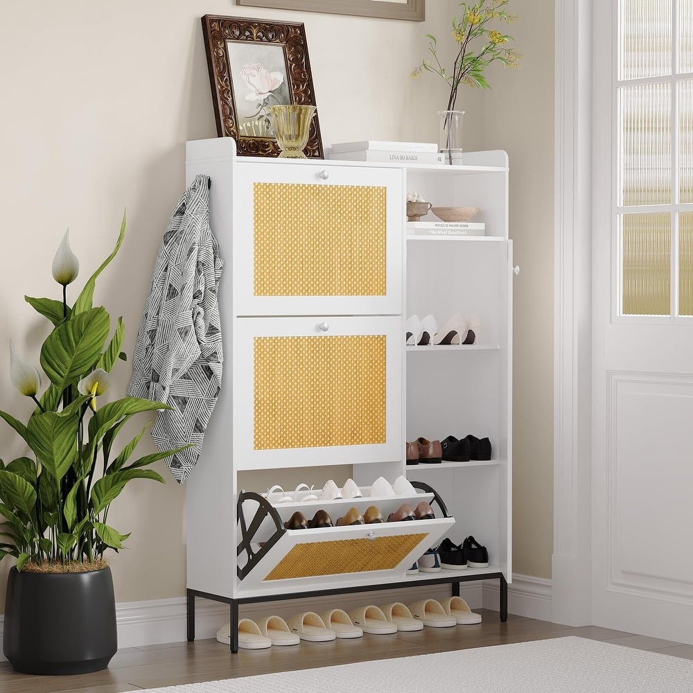 3-Tier Shoe Storage Cabinet with Rattan Doors and Adjustable Compartments