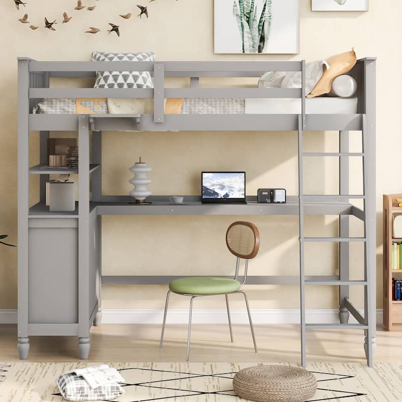 Twin Size Wooden Loft Bed with Desk, Drawers and Shelves, Space Saving Bedroom Loft Storage Bed Frame, Grey
