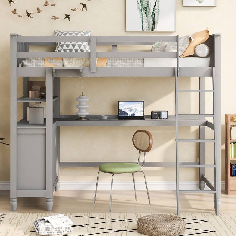 Wood Loft Bed Twin Size, Twin High Bed Frame w/Built-in Desk & Drawers