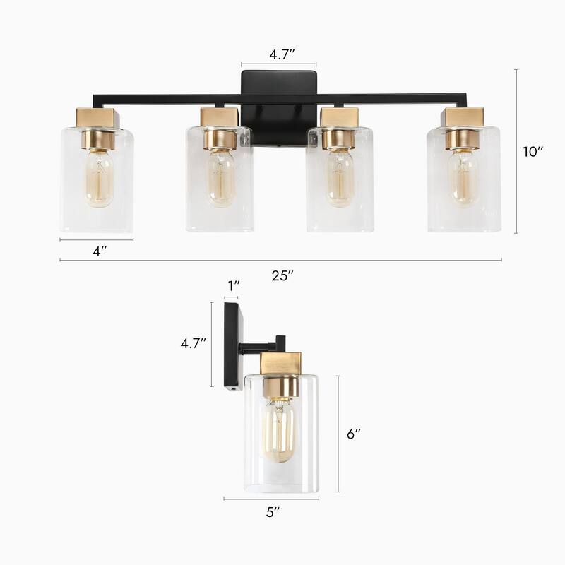 Caylin Mid-Century Modern Black Gold 4-Light Square Bathroom Vanity Lights Dimmable Wall Sconces - 25"L x 5.5"W x 10"H