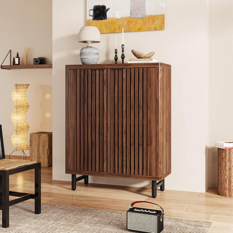 6-Tier Bathroom Floor Cabinet 2 Shutter Doors Adjustable Shelves Wooden Storage Sideboard for Kitchen/Living Room